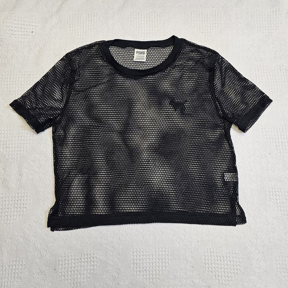 PINK Black Mesh Cropped Crew Neck Short Sleeve y2k T-Shirt XS